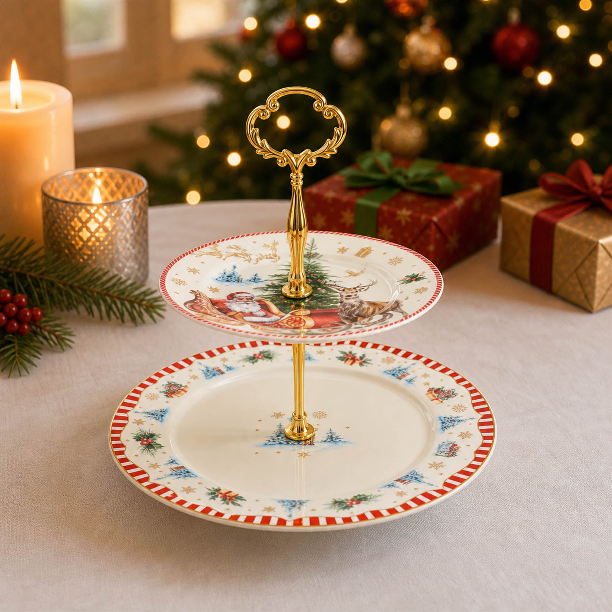 Donglin Homeware Santa's Christmas Journey Collection 2 Tier Cake Plate