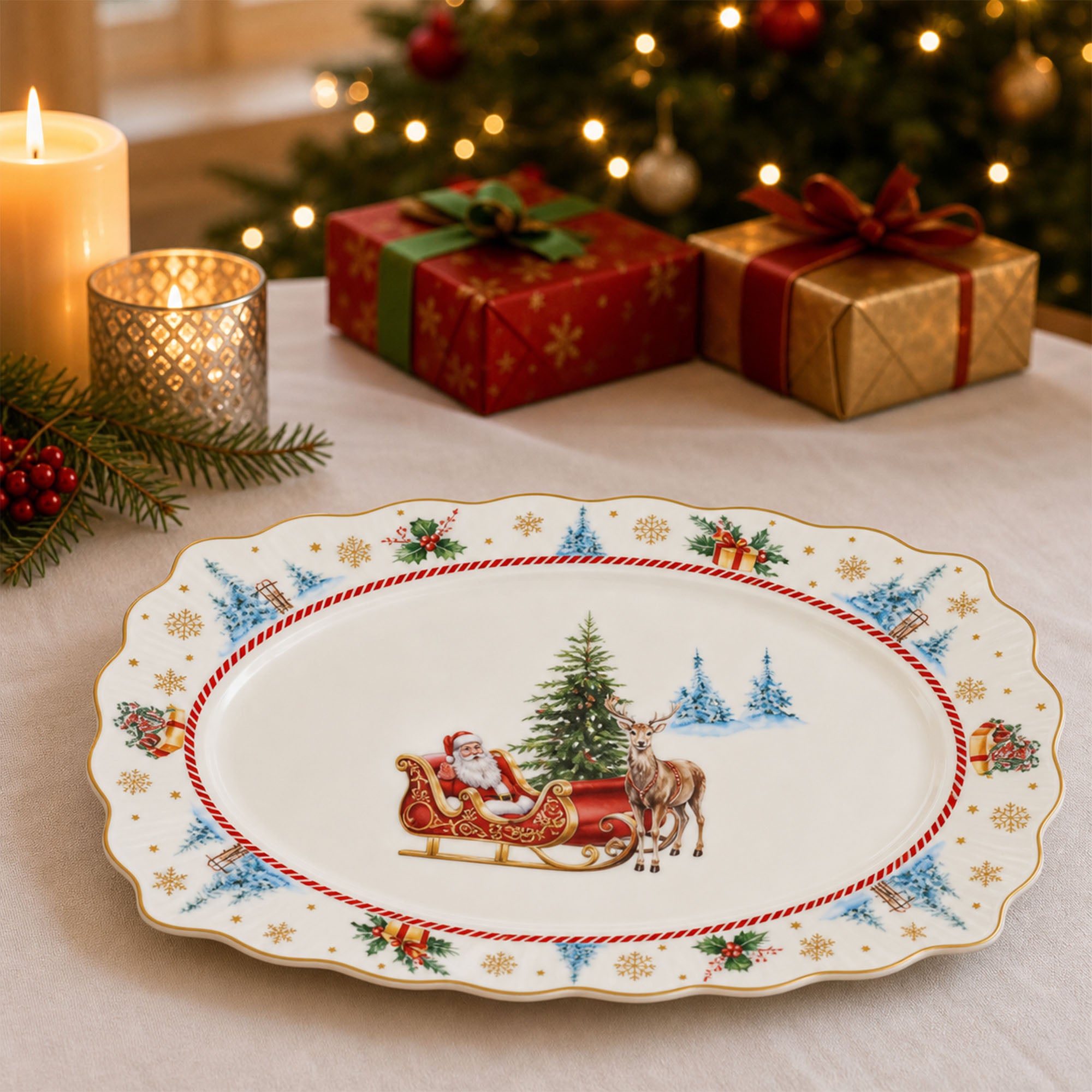 Donglin Homeware Santa's Christmas Journey Collection Oval Plate 10-inch