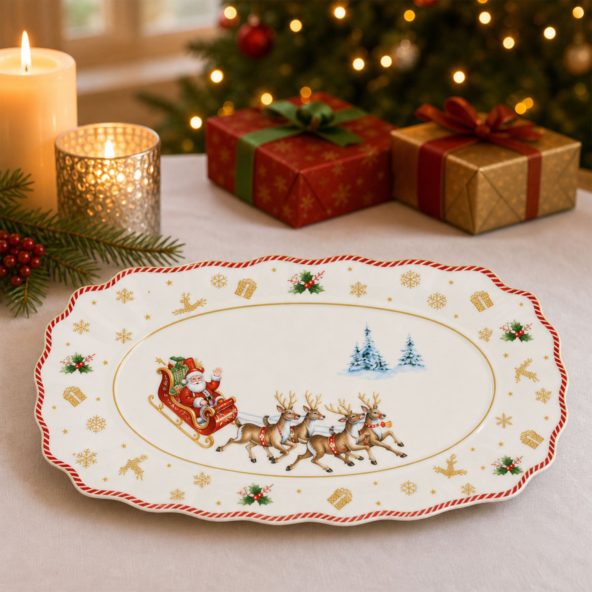 Donglin Homeware Santa's Christmas Journey Collection Oval Plate 12-inch