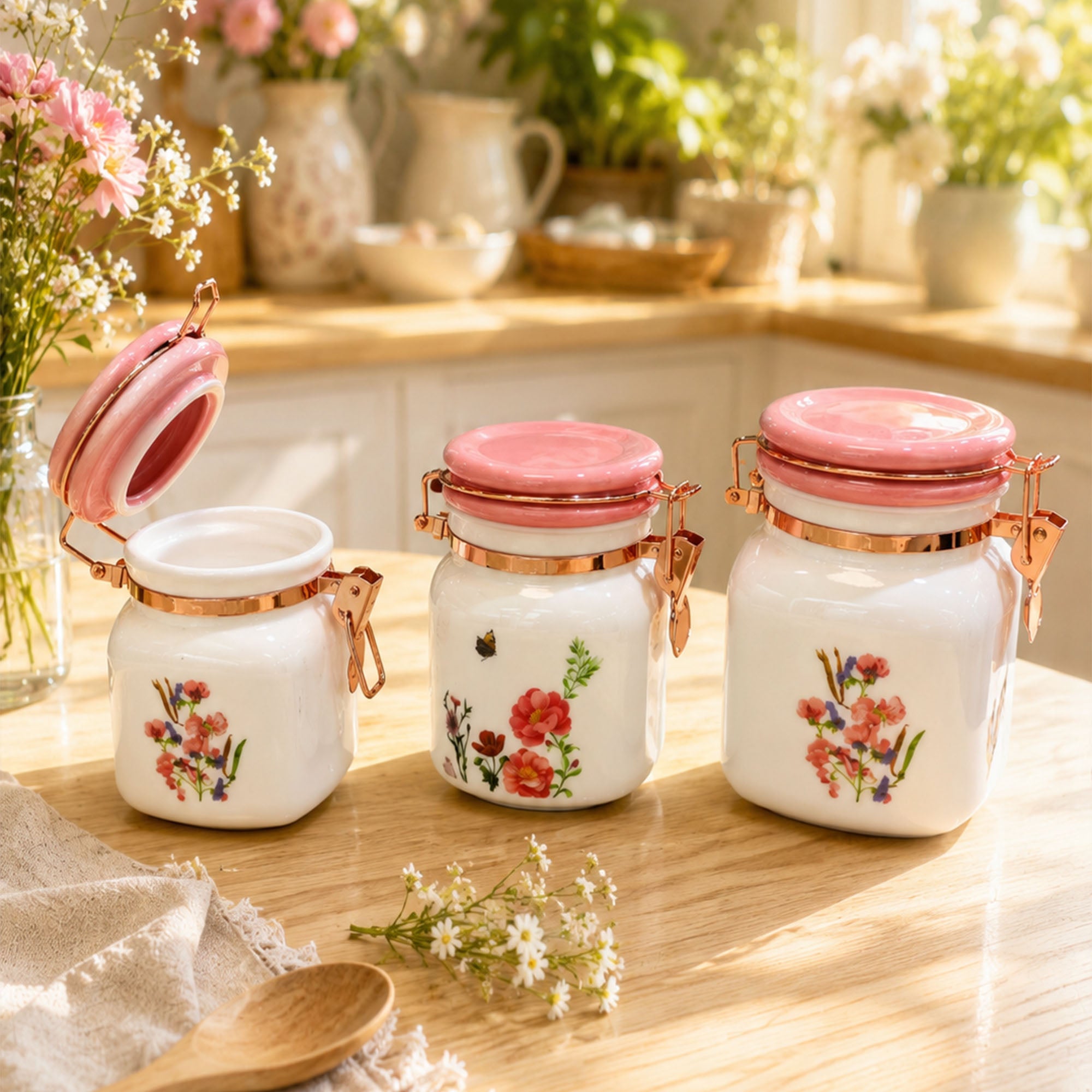 Donglin Homeware Sweet Pea Bouquet Opal Glass Canister Set (500ml, 750ml, 1000ml)