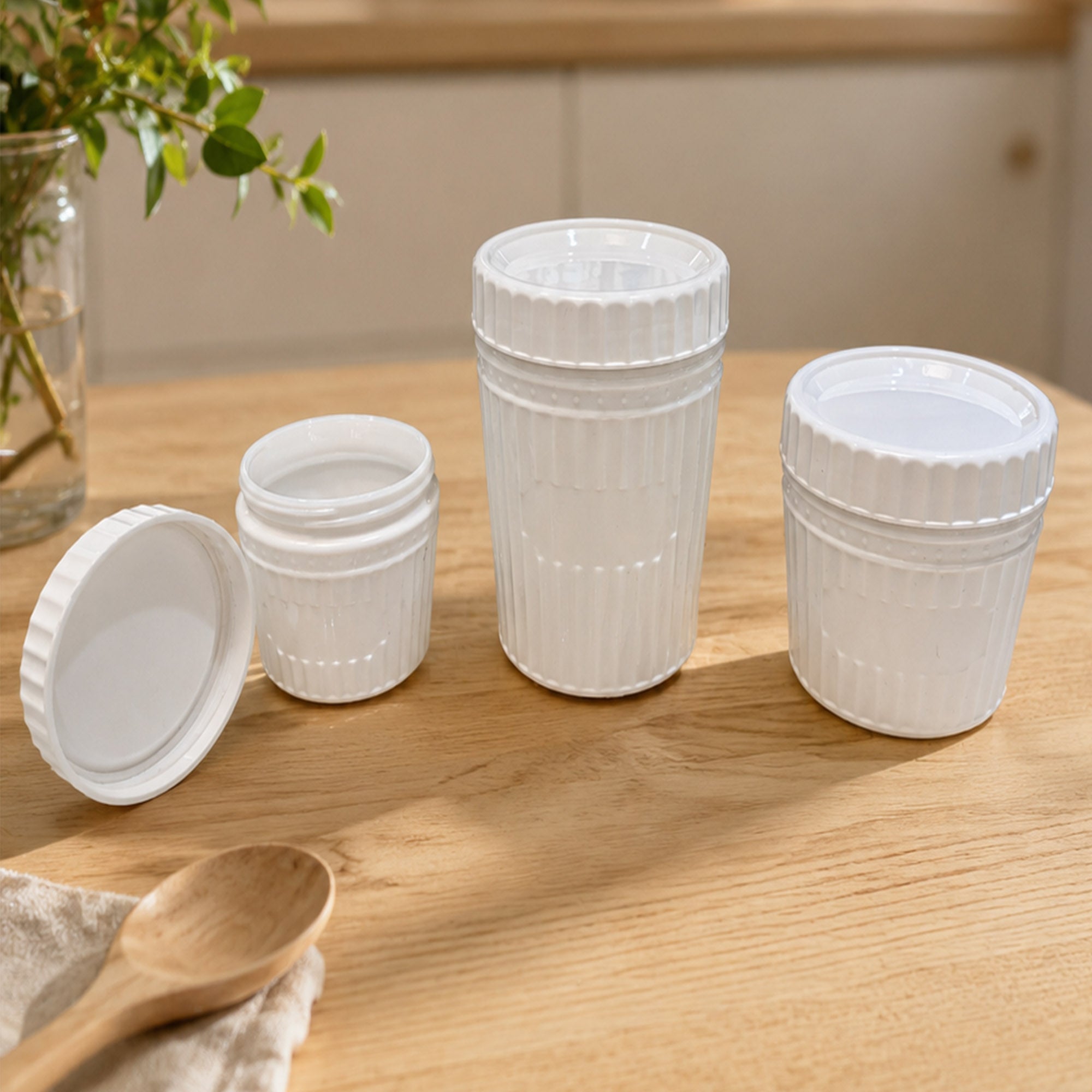 Donglin Homeware Vertical Ribbed Threaded Opal Glass Canister Set (500ml, 750ml, 1000ml)