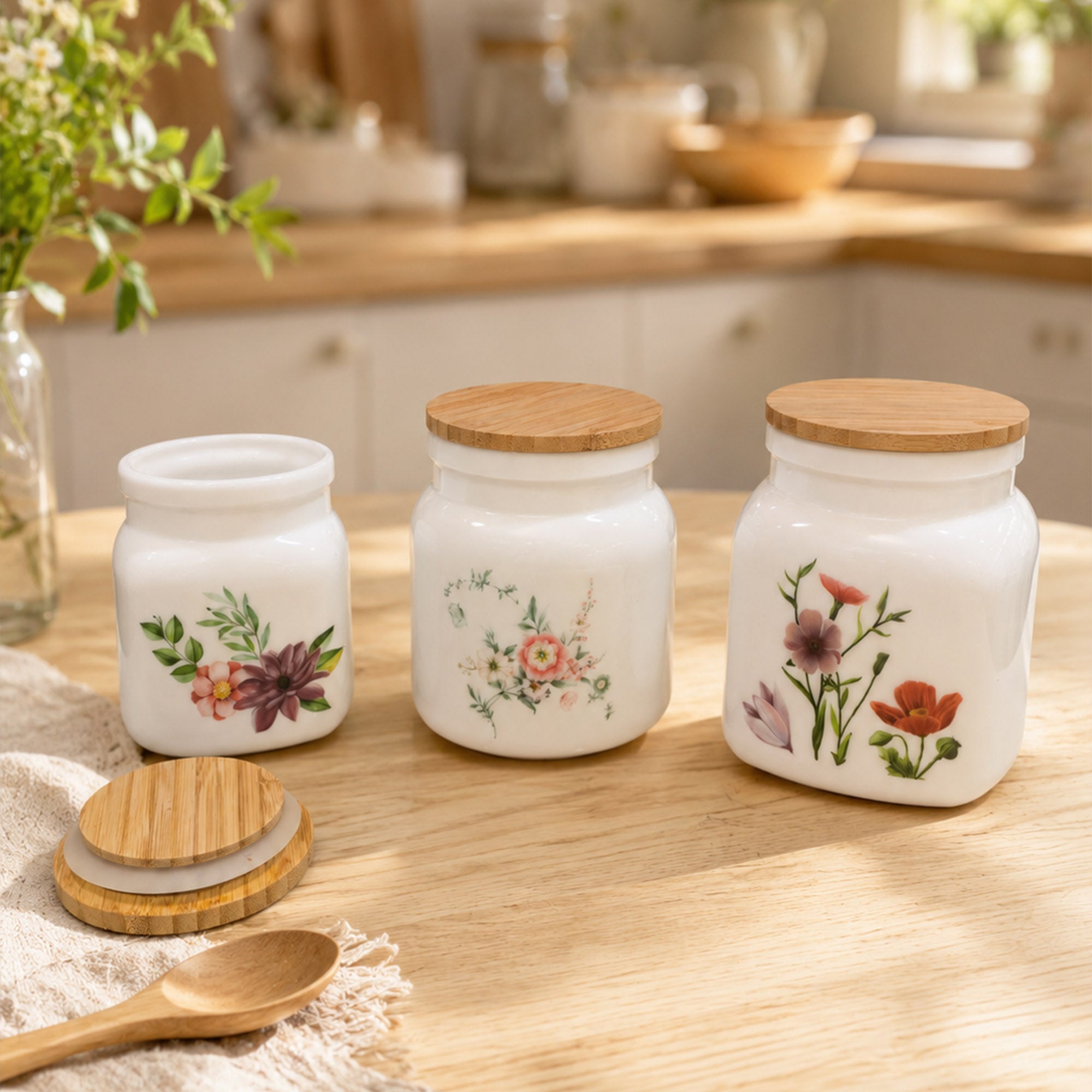 Donglin Homeware Wildflower & Butterfly Opal Glass Canister Set (500ml, 750ml, 1000ml)