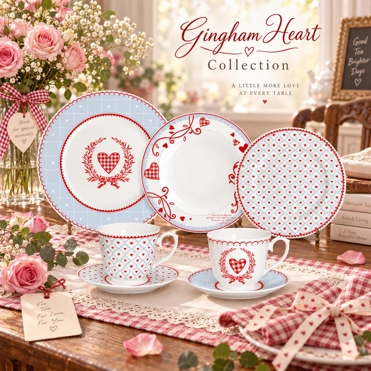 Donglin Homeware Y5091 Gingham Heart New Bone China Dinnerware Collection
