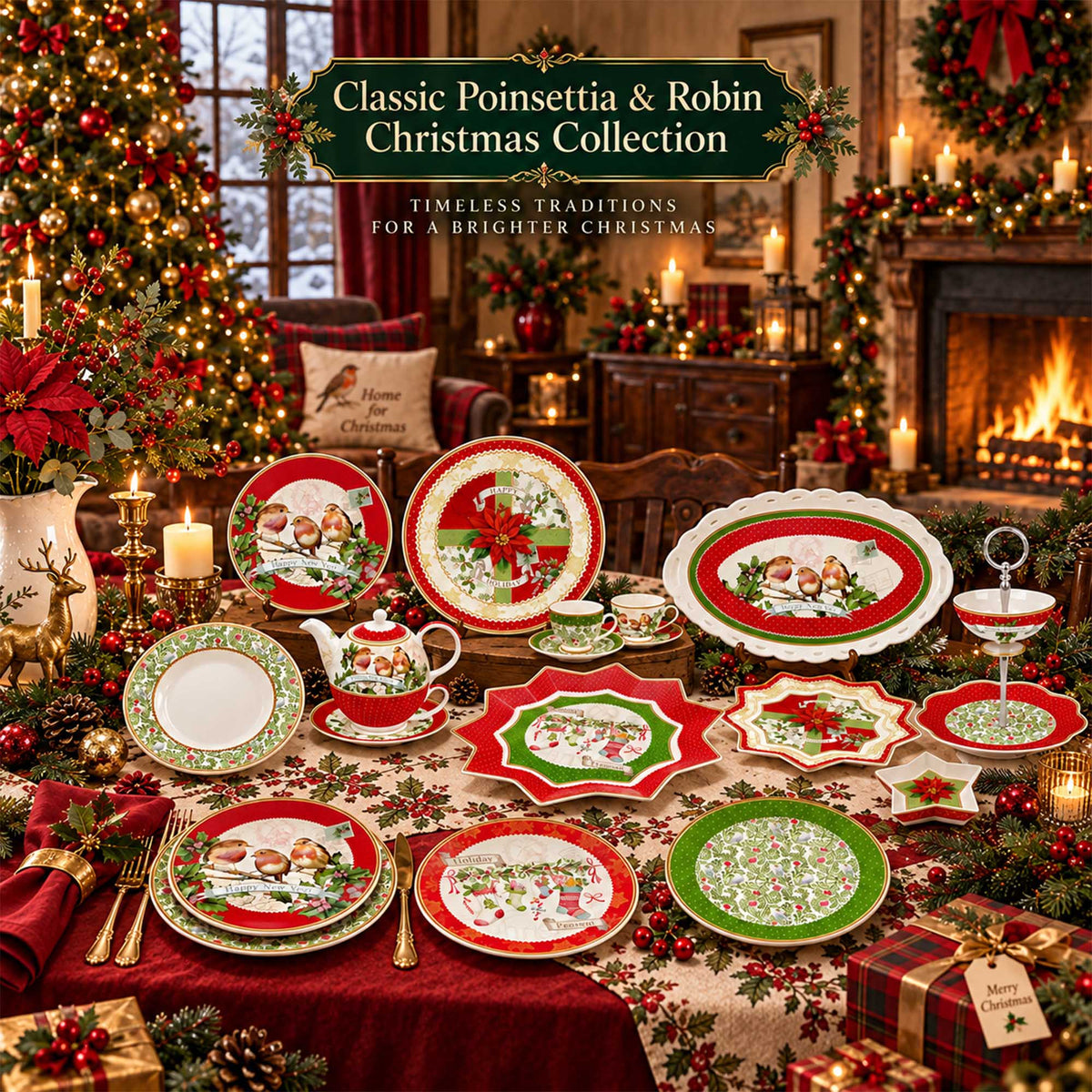 Donglin Homeware Y5116 Classic Poinsettia & Robin Christmas New Bone China Dinnerware Collection