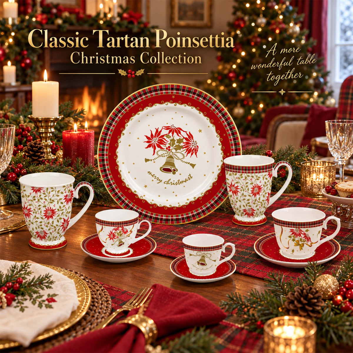 Donglin Homeware Y5254 Classic Tartan Poinsettia Christmas New Bone China Dinnerware Collection