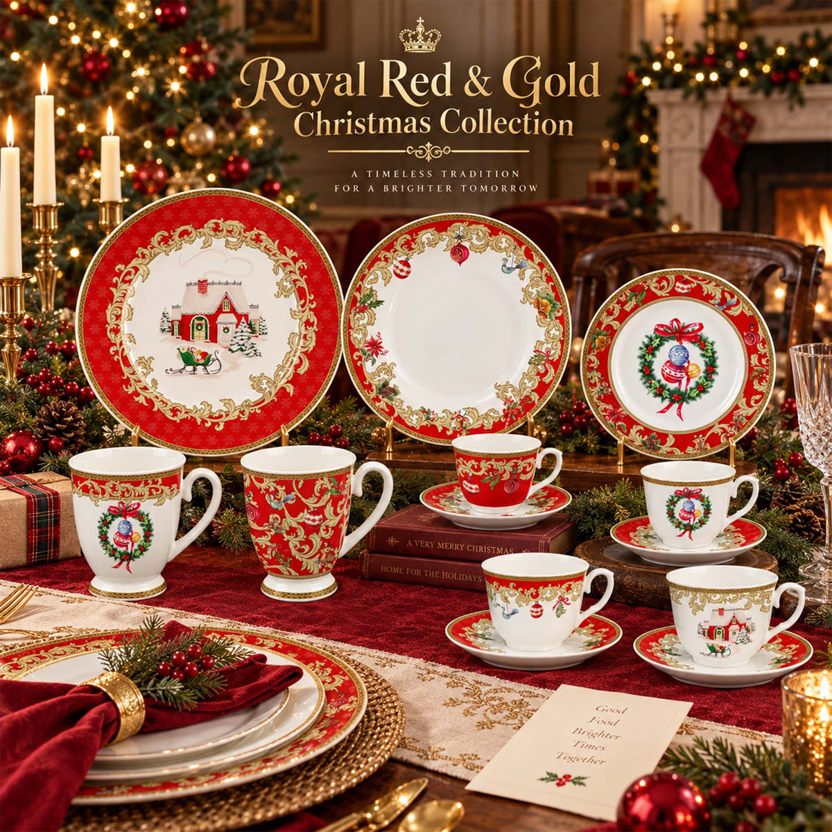 Donglin Homeware Y5255 Royal Red & Gold Christmas New Bone China Dinnerware Collection