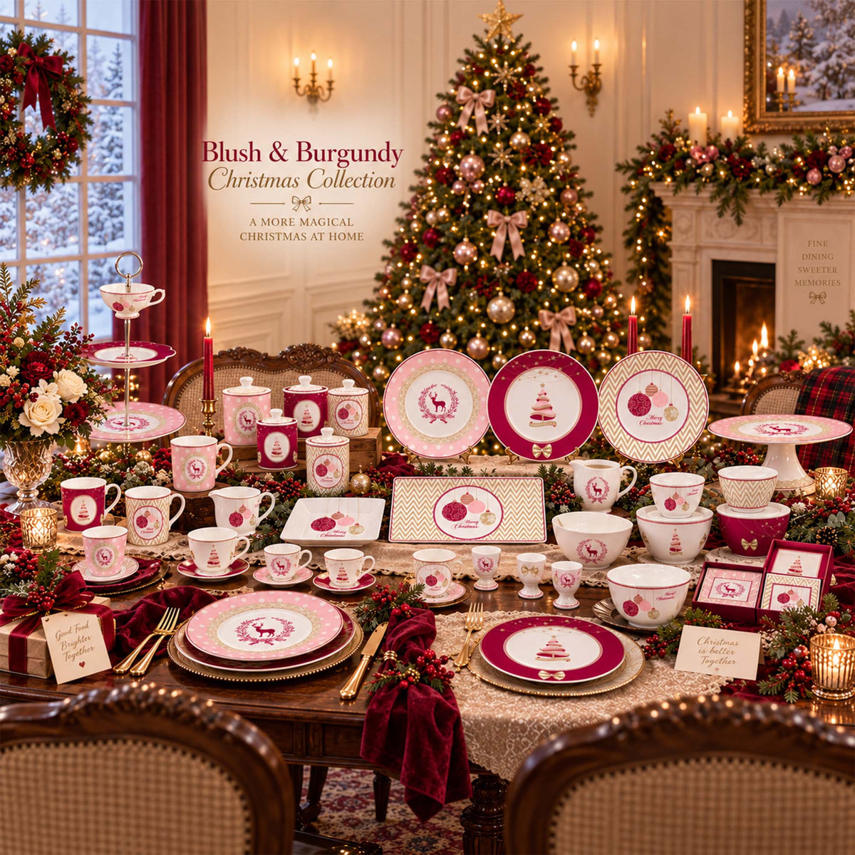 Donglin Homeware Y5384 Blush & Burgundy Christmas New Bone China Dinnerware Collection