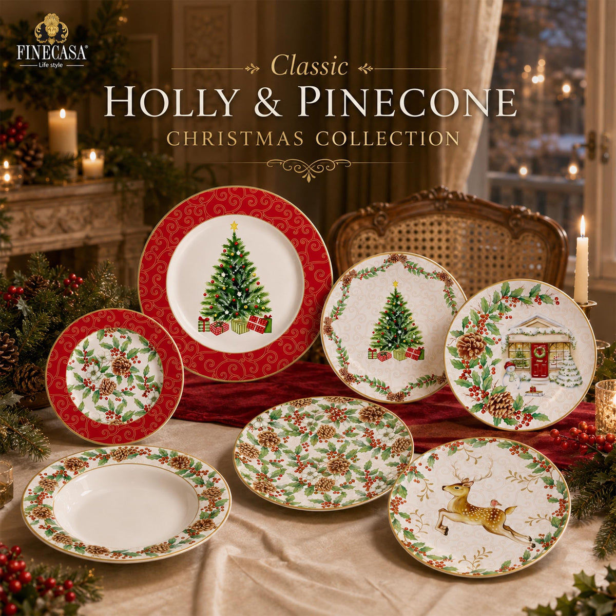 Donglin Homeware Y5599 Classic Holly & Pinecone Christmas Collection