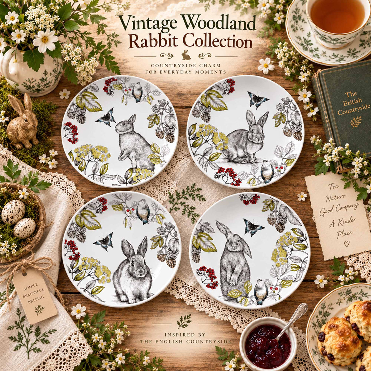 Donglin Homeware Y5777 Vintage Woodland Rabbit New Bone China Plate Collection