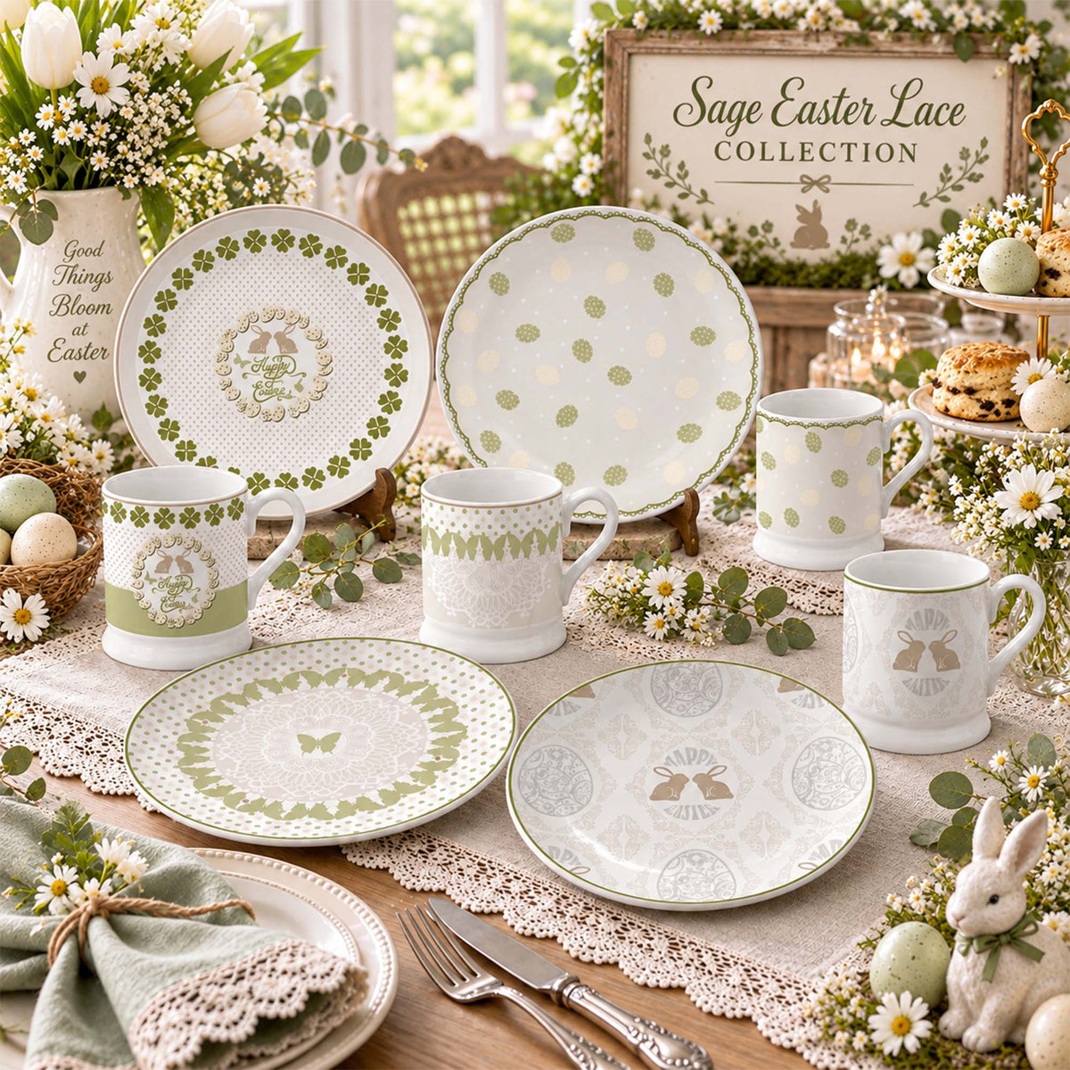 Donglin Homeware Y5786 Sage Easter Lace New Bone China Dinnerware Collection