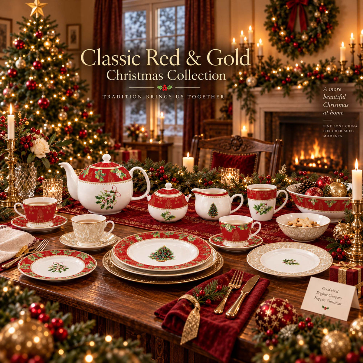 Donglin Homeware Y5957 Classic Red & Gold Christmas New Bone China Dinnerware Collection