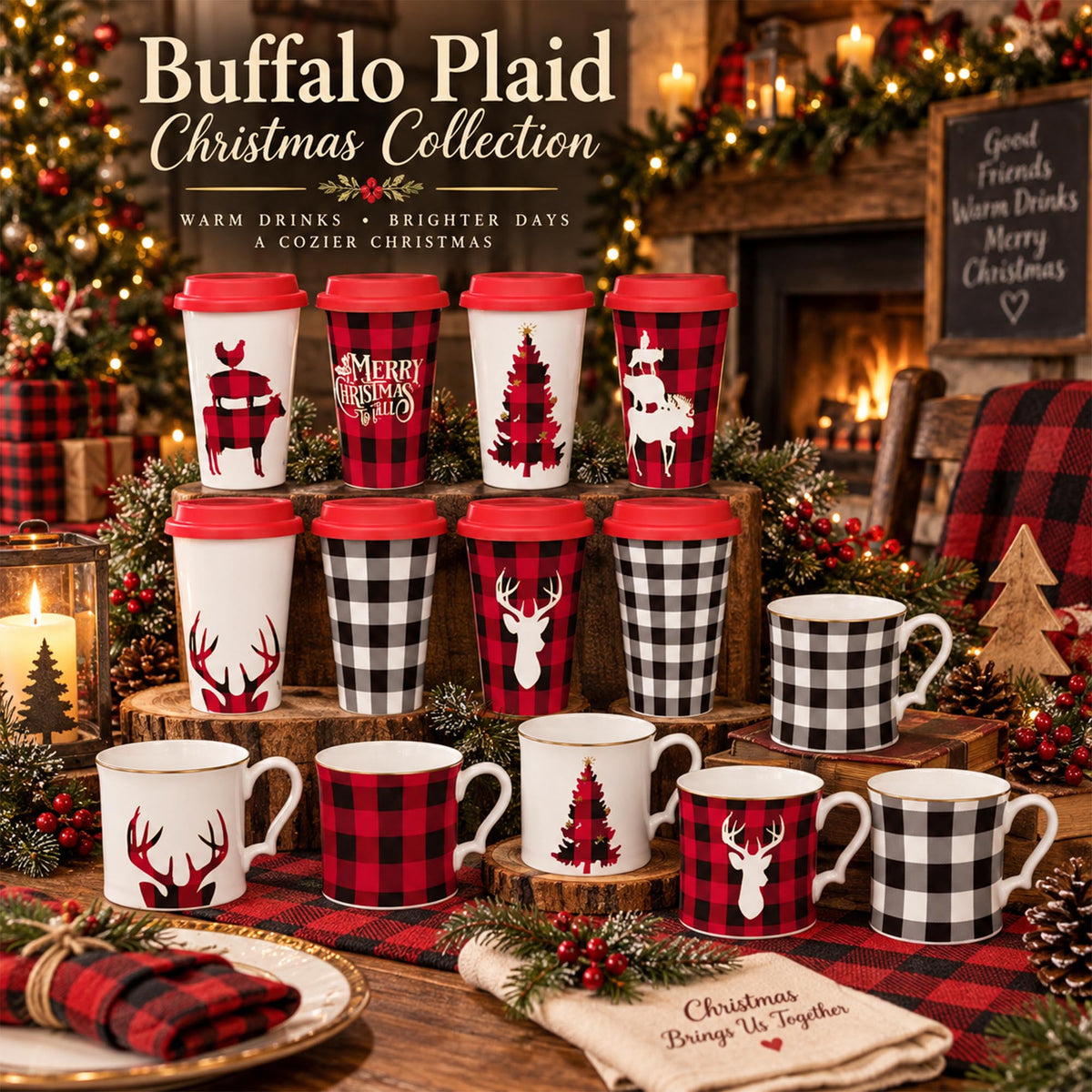 Donglin Homeware Y6395 Buffalo Plaid Christmas New Bone China Mug Collection