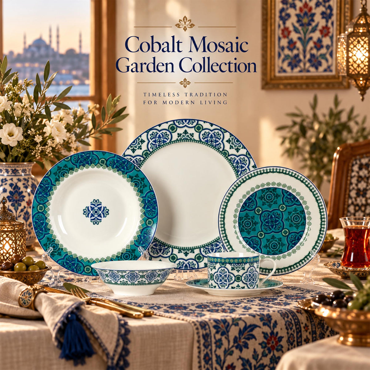 Donglin Homeware Y6540 Cobalt Mosaic Garden New Bone China Dinnerware Collection 
