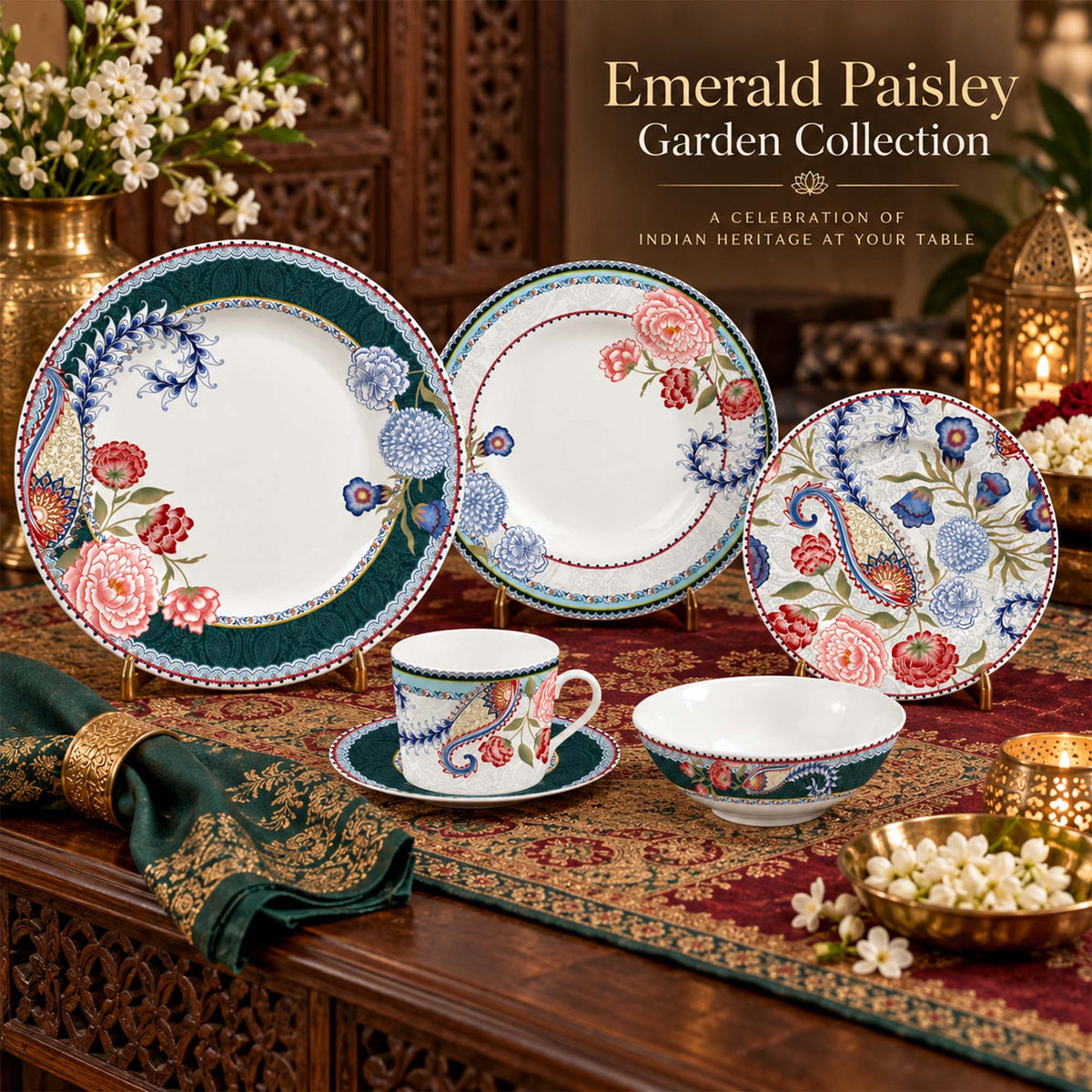 Donglin Homeware Y6544 Emerald Paisley Garden New Bone China Dinnerware Collection