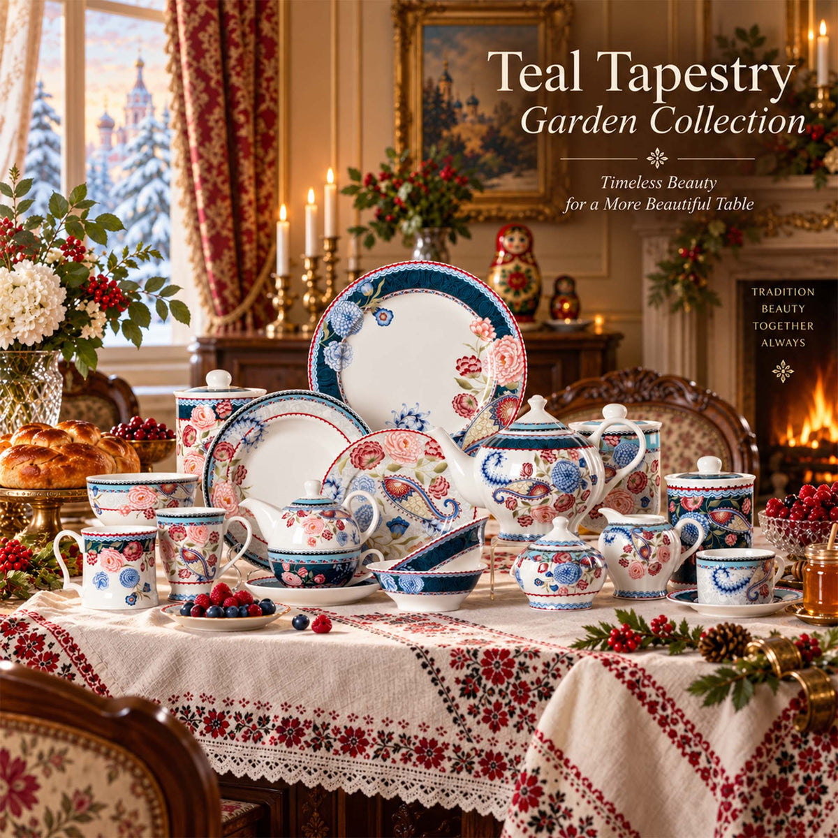Donglin Homeware Y6544 Teal Tapestry Garden New Bone China Dinnerware Collection