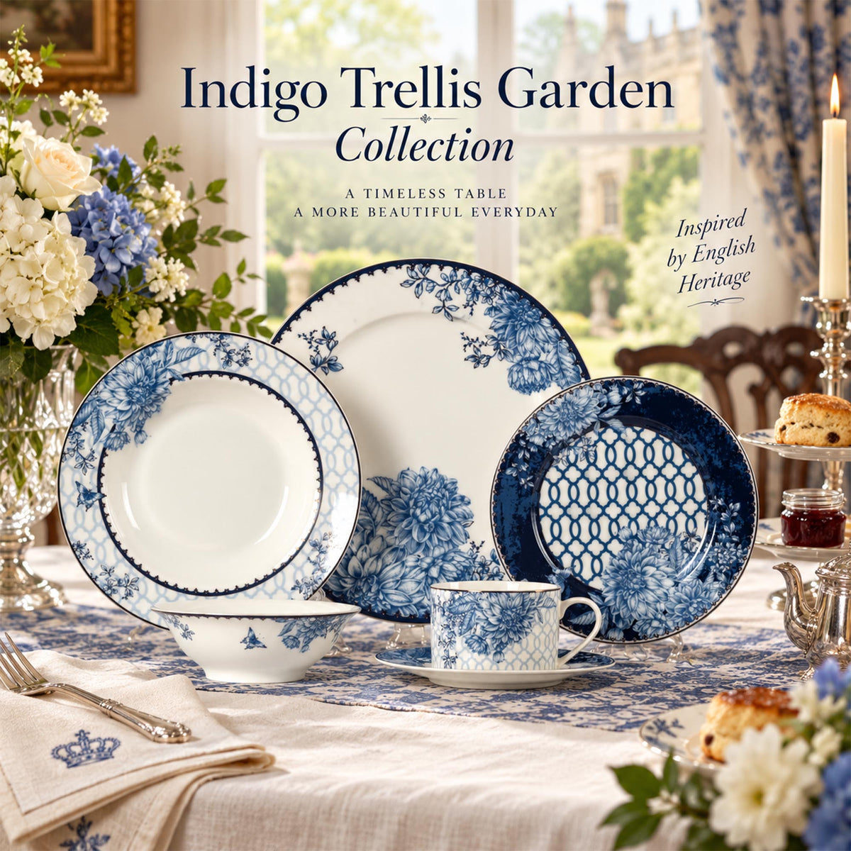 Donglin Homeware Y6546 Indigo Trellis Garden New Bone China Dinnerware Collection