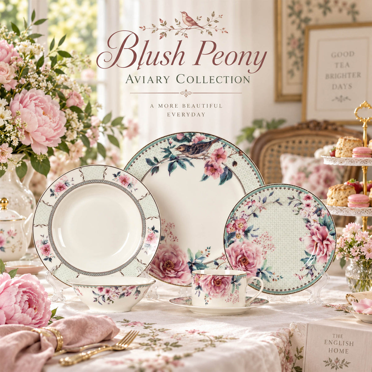 Donglin Homeware Y6574 Blush Peony Aviary New Bone China Dinnerware Collection 