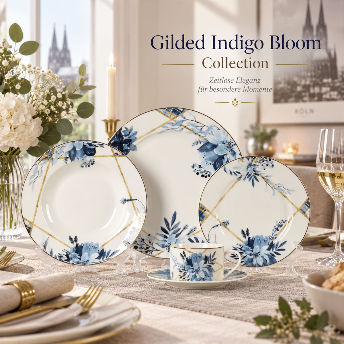 Donglin Homeware Y6575 Gilded Indigo Bloom New Bone China Dinnerware Collection