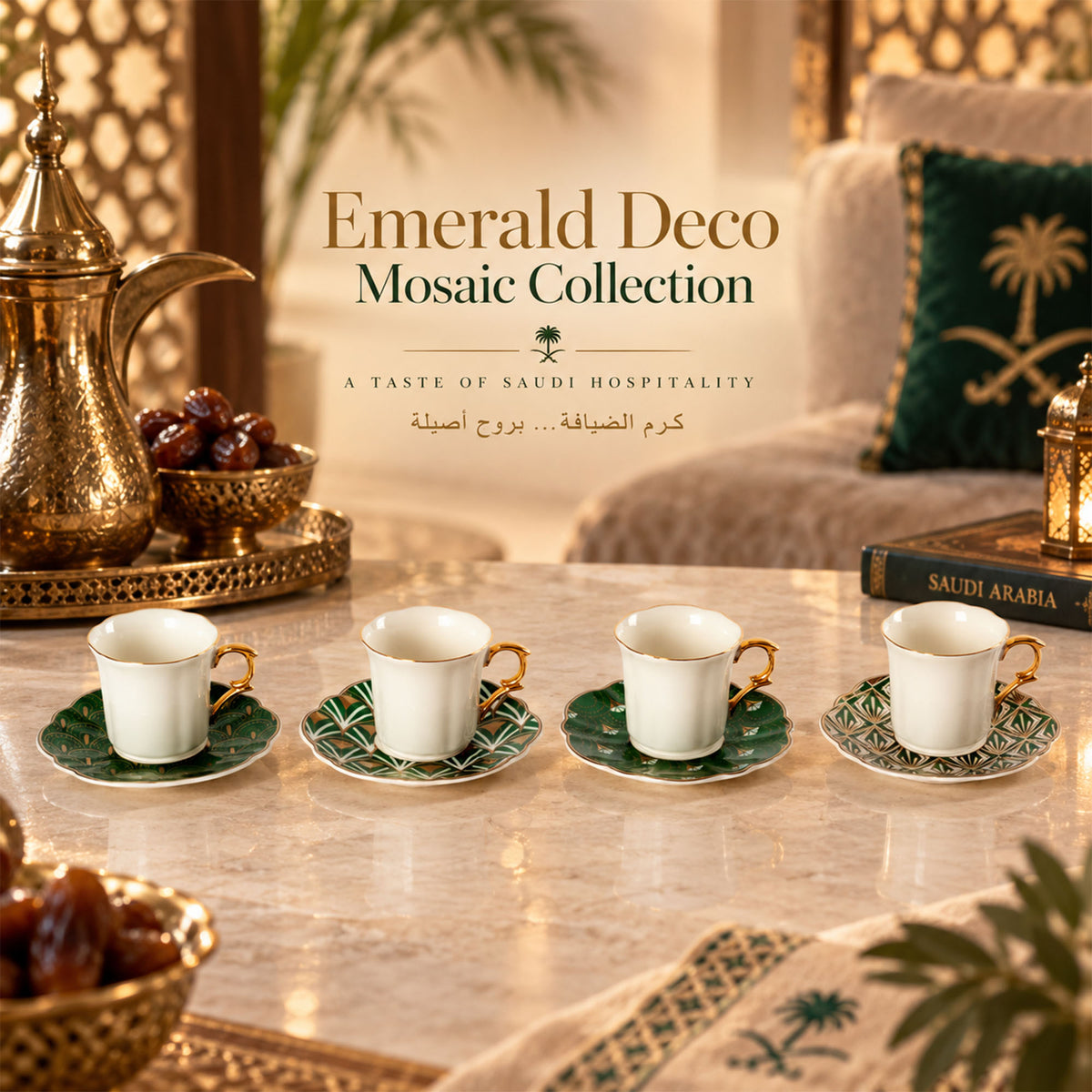 Donglin Homeware Y6577 Emerald Deco Mosaic New Bone China Cup and Saucer Collection