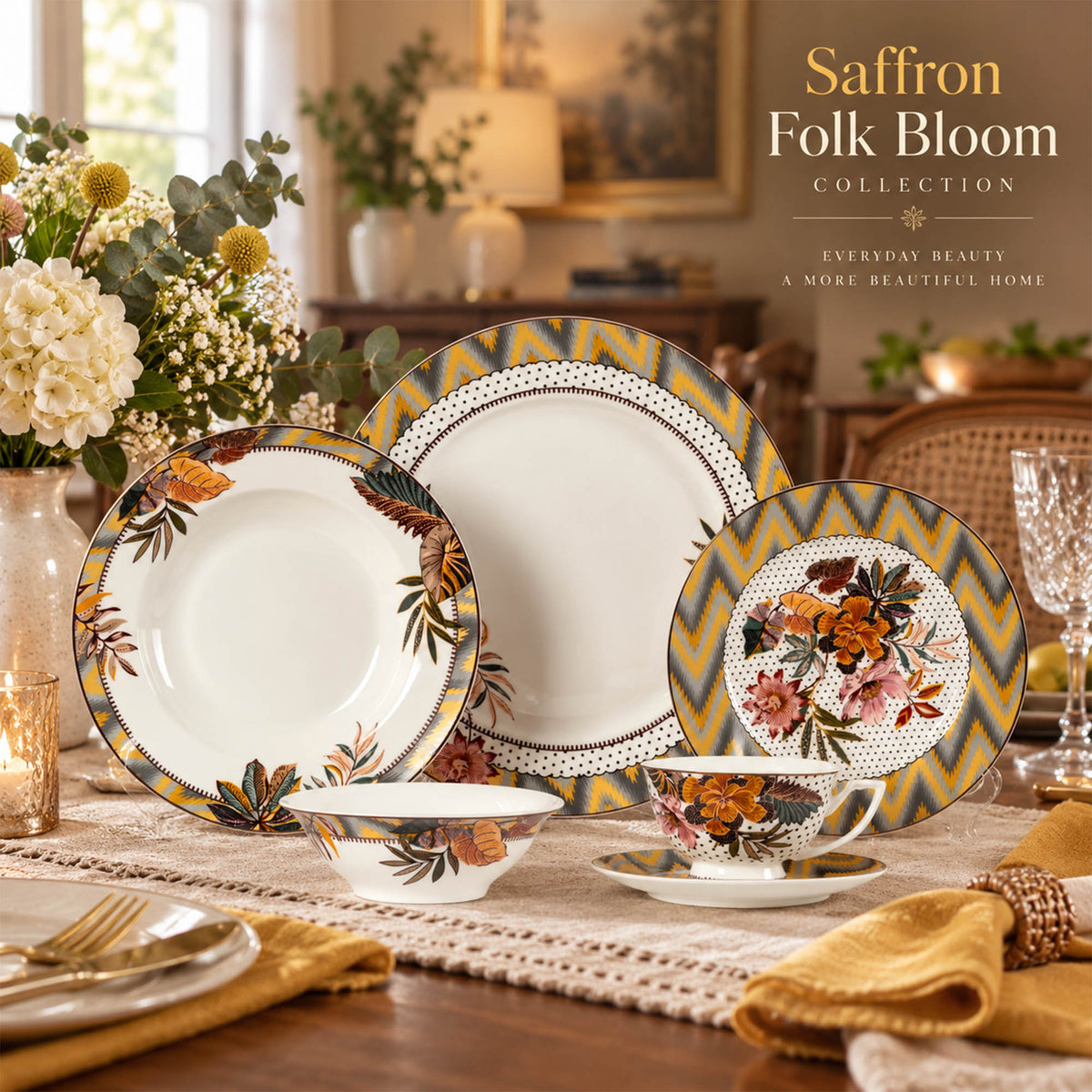 Donglin Homeware Y6602 Saffron Folk Bloom New Bone China Dinnerware Collection