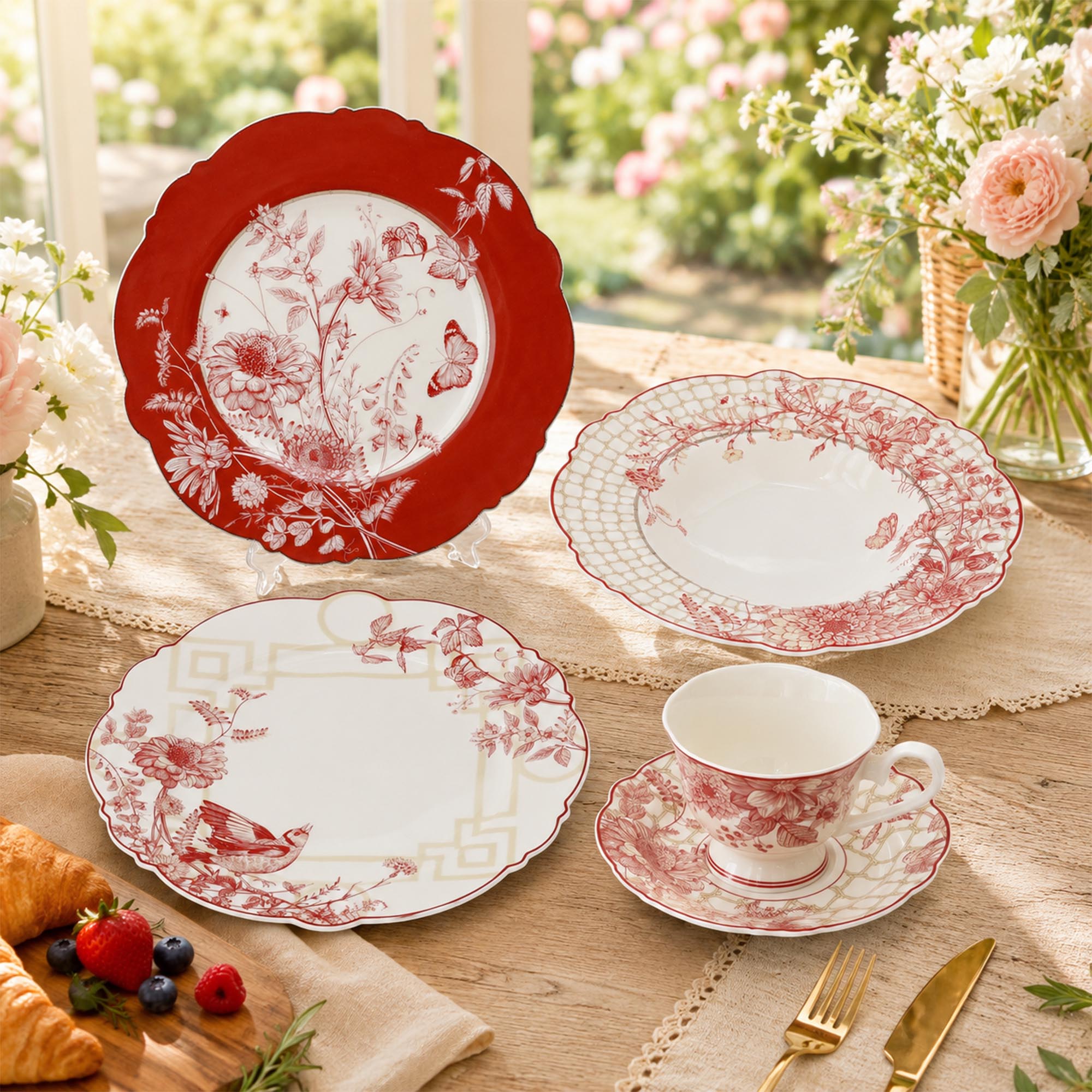 Donglin Homeware Y6843 Burgundy Floral Tableware Collection