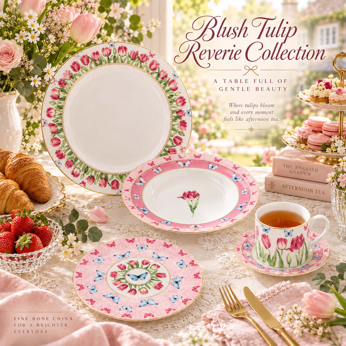 Donglin Homeware Y6854 Blush Tulip Reverie New Bone China Dinnerware Collection