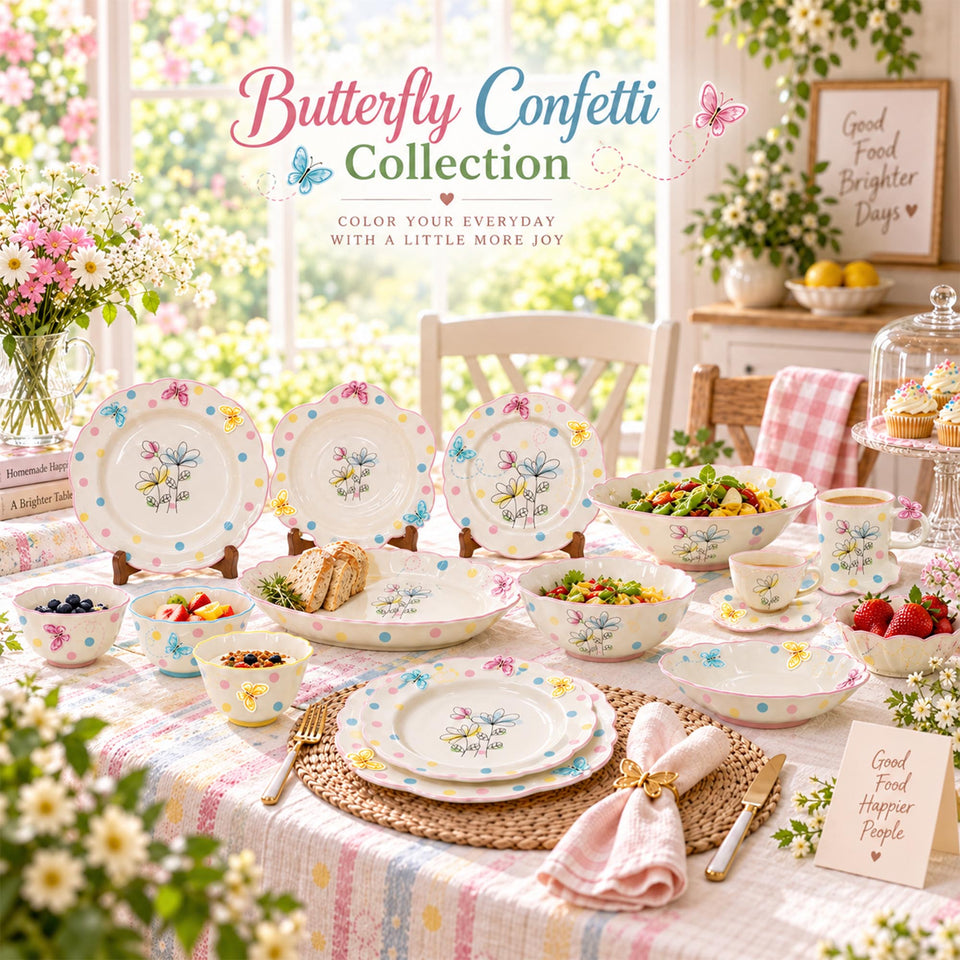Y7040 Butterfly Confetti — vajilla pastel con mariposas