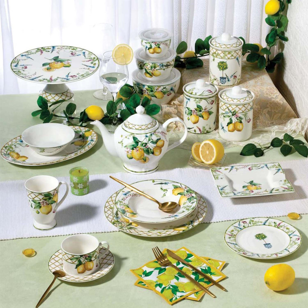 Lemon grove farmhouse style ceramic tableware set white with yellow lemons green leaves gold lattice rim home decor
