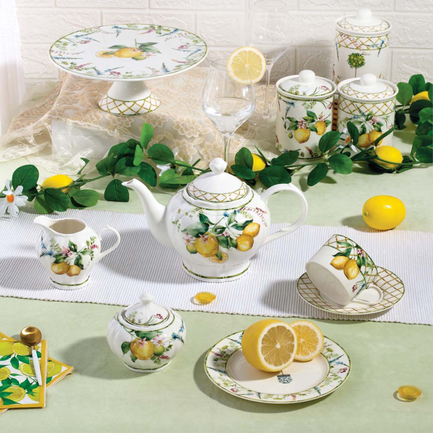 Lemon grove farmhouse style ceramic tableware set white with yellow lemons green leaves gold lattice rim home decor