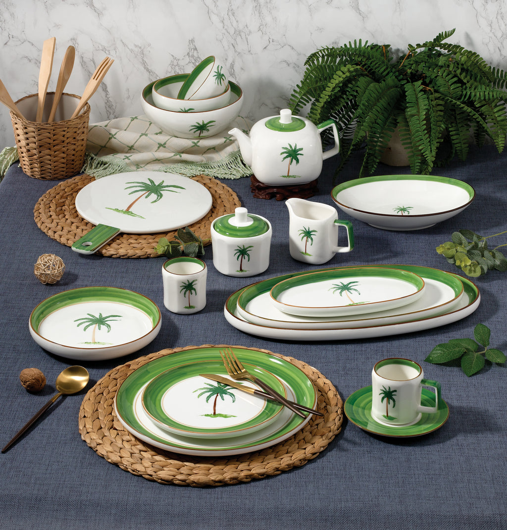 Elevate your dining with this palm breeze farmhouse style ceramic tableware set! Featuring palm tree motifs, green stripes, and a fresh white - green palette, it blends vacation vibes with functionality. Perfect for home, restaurants, or gifting.