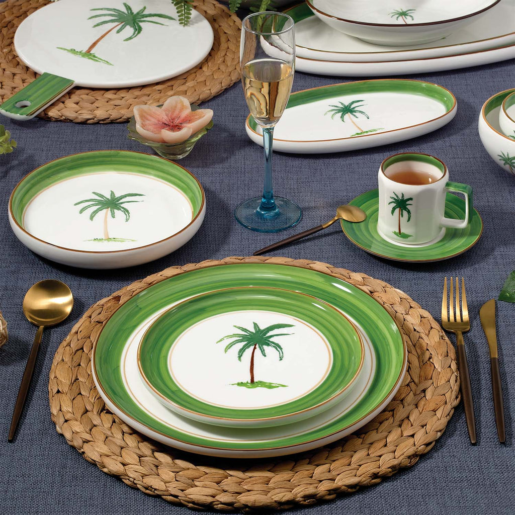 Elevate your dining with this palm breeze farmhouse style ceramic tableware set! Featuring palm tree motifs, green stripes, and a fresh white - green palette, it blends vacation vibes with functionality. Perfect for home, restaurants, or gifting.
